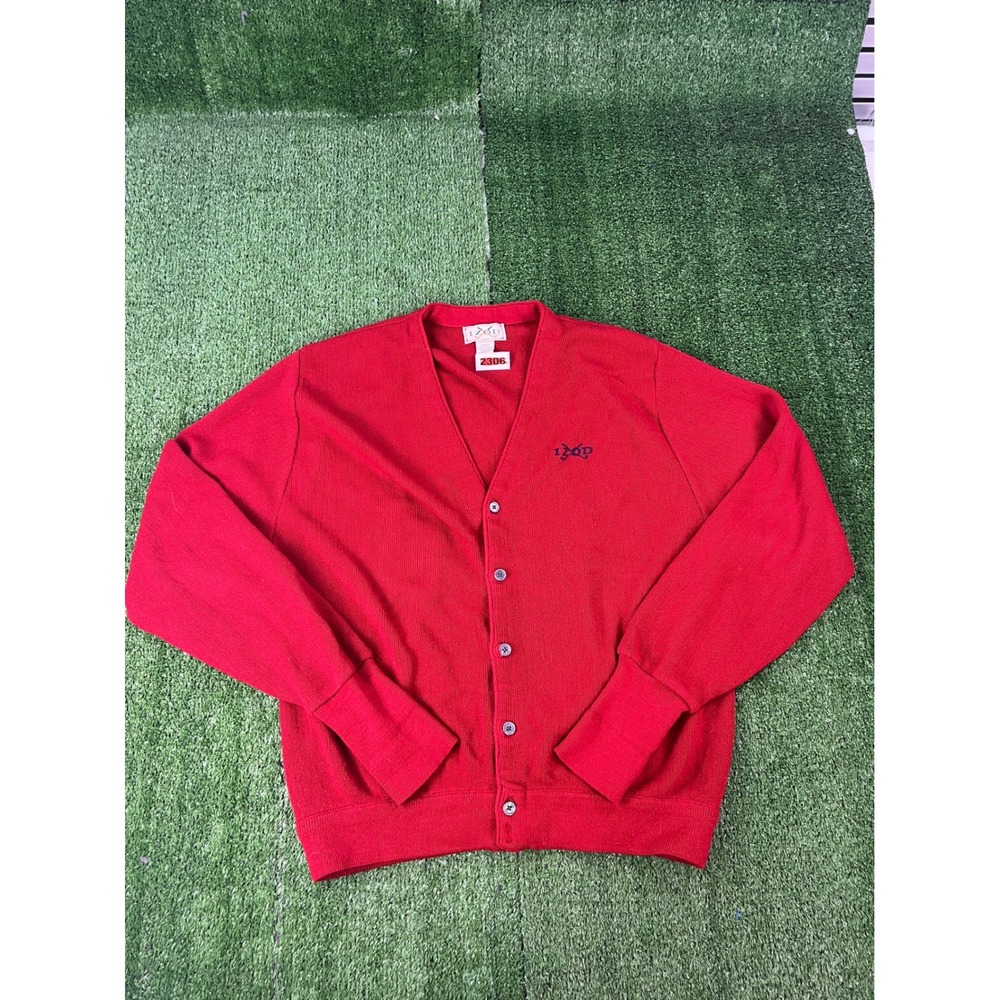 Izod Mens Red V-Neck Button Front Acrylic Knit Cardigan Sweater Large Logo